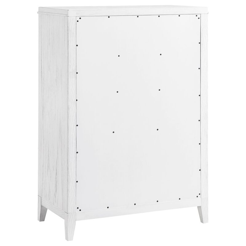 Leva Tall Dresser Chest, Distressed White Acacia Wood, 5 Drawers - Benzara