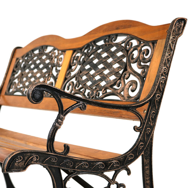 Sunnydaze 2-Person Ivy Crossweave Cast Iron and Wood Outdoor Garden Bench