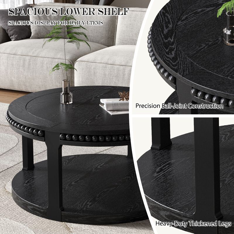 31.5" Rustic Solid Wood Round Coffee Table with 2-Tier Storage Shelf, Modern Farmhouse Accent Table for Living Room image number 3