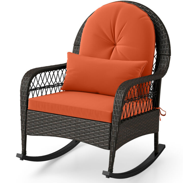 Outdoor Rattan Rocking Chair with Cushioned Seat Backrest and Waist Pillow