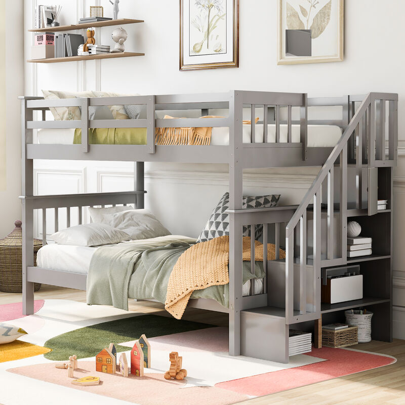 Whisen Stairway Twin-Over-Twin Bunk Bed with Storage and Guard Rail for Bedroom, Dorm- Grey