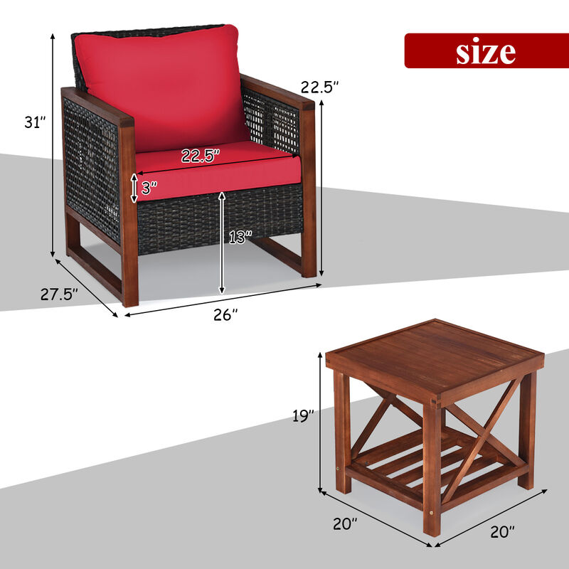 3 Pieces Patio Wicker Furniture Set with Washable Cushion and Acacia Wood Coffee Table image number 4