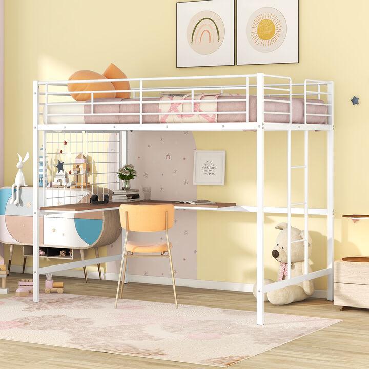 Whisen Modern Style Full Size Metal Loft Bed with Desk and Metal Grid