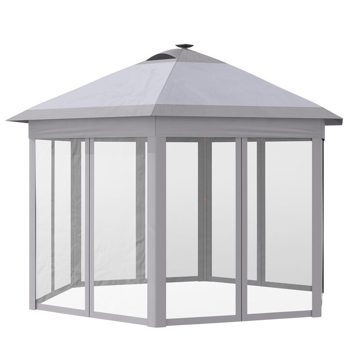 Outsunny 11' x 13' Pop up Gazebo with Netting & Solar LED Lights, Instant Portable Gazebo Shelter, Hexagonal Outdoor Canopy Tent Screen House Room with Carry Bag, Beige