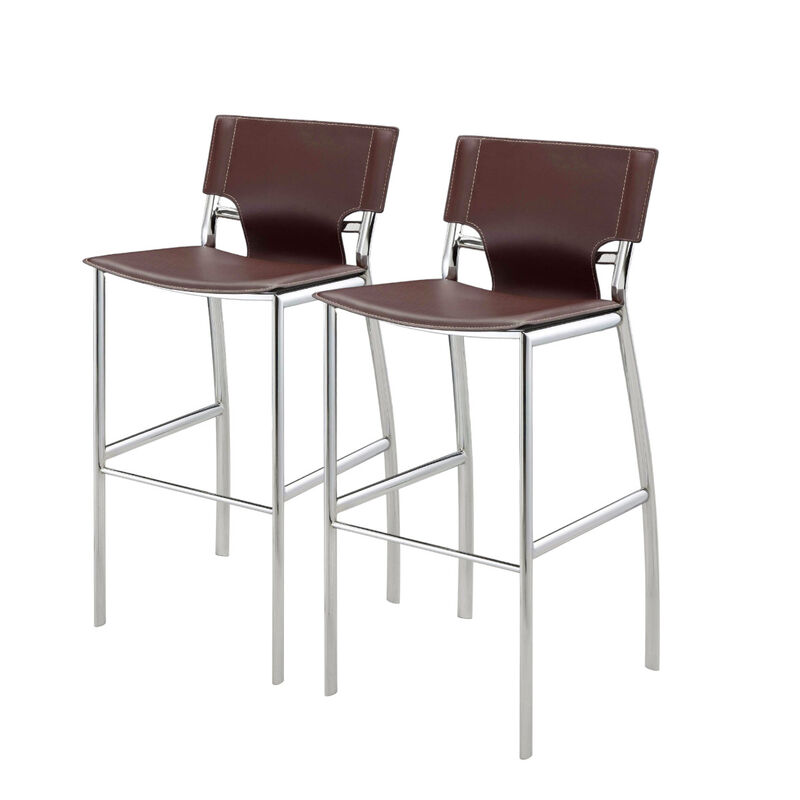 HomeRoots Set of Two 29" Brown and Silver Metal and Faux Leather Low Back Bar Height Bar Chairs image number 2
