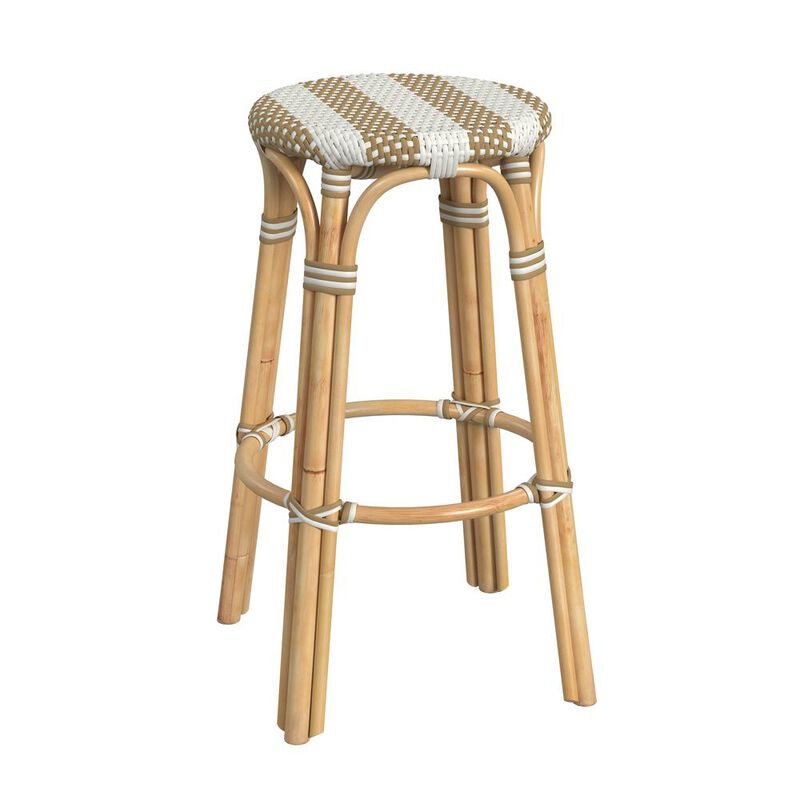 Butler Specialty Tobias Round Rattan 30 Bar Stool, Tan and White Stripe