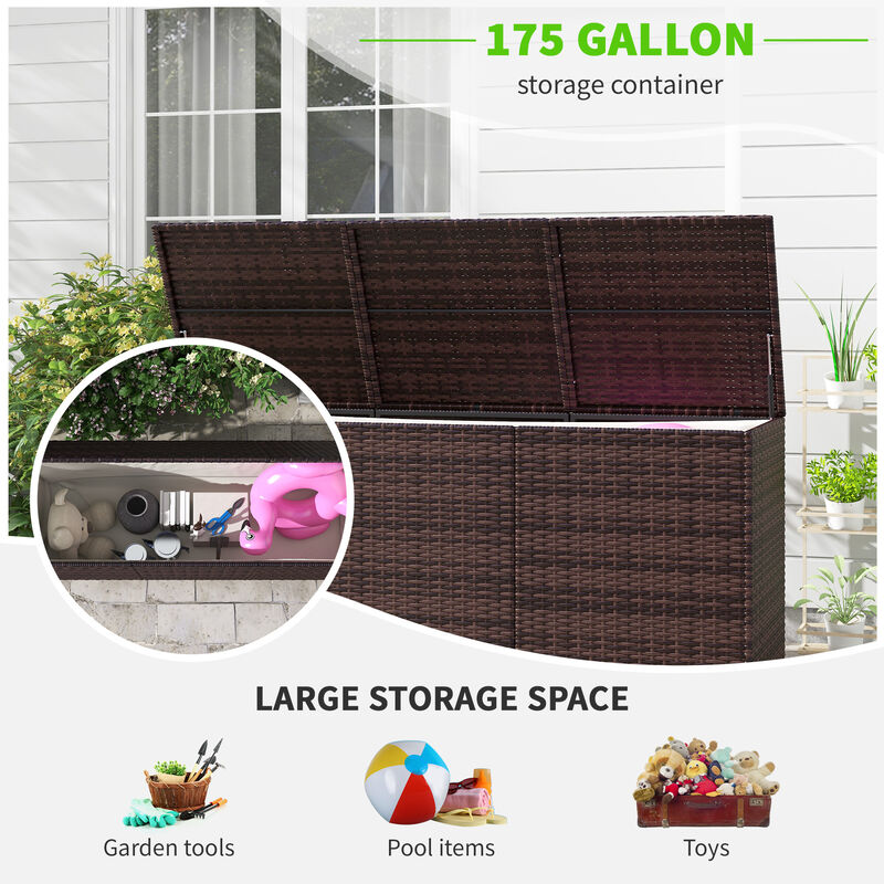 Outsunny 175 Gallon Outdoor Storage Box with Inner Liner, PE Rattan Wicker Deck Box with Pneumatic Bar Lift for Indoor & Outdoor, Patio Furniture Cushions, Pool Toys, Garden Tools, Mixed Brown