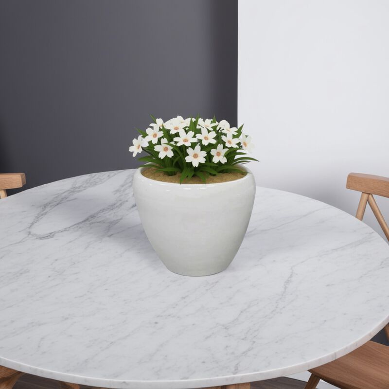 Garden Planter Set of 2, Modern Bowl Shaped Flower Pot, White Ceramic - Benzara