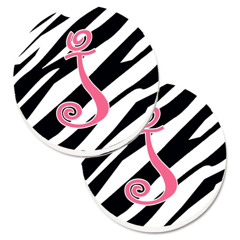 Caroline's Treasures Monogram Initial J Zebra Stripe & Pink Set of 2 Cup Holder Car Coasters CJ1037-JCARC, 2.56, Multicolor