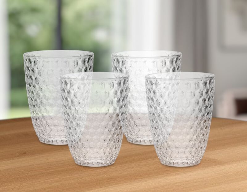 Set of Four Acrylic Diamond Stemless Whiskey Glasses – Elegant Drinkware for Home Bar or Entertaining