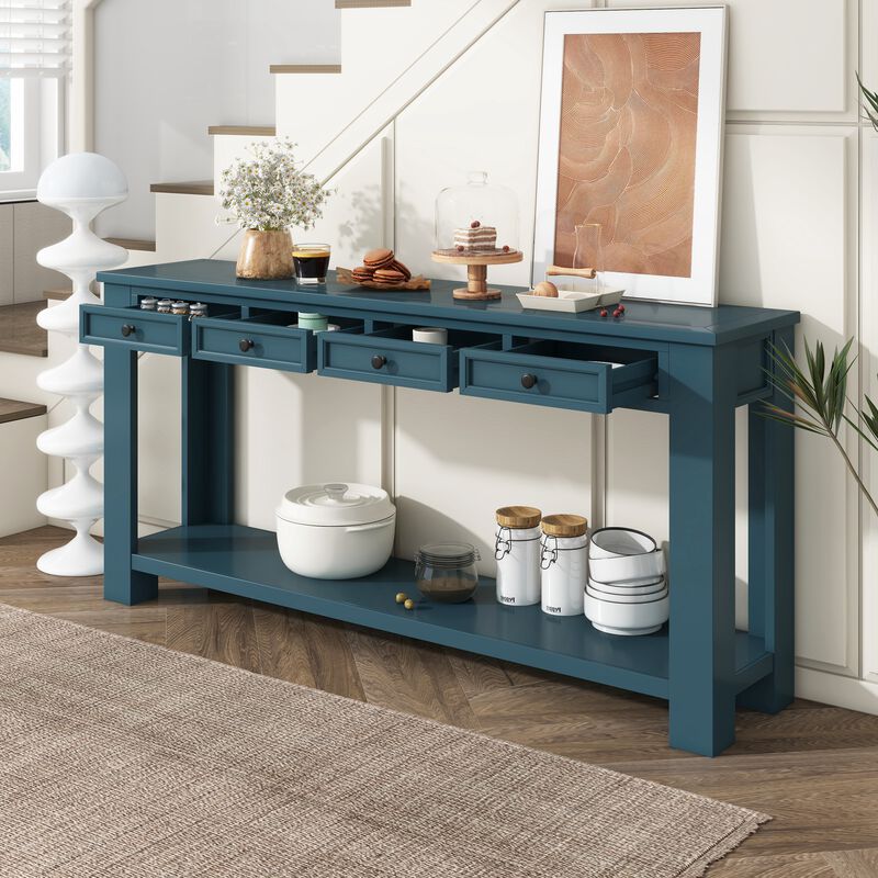 Whisen Rustic Rectangle Wood Console Table with 4-Storage Drawers and Bottom Shelf