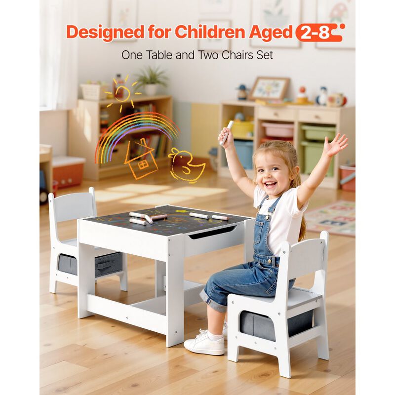 Kids Wooden Desk and 2 Chairs Set with Storage for Crafts and Reading-White image number 7