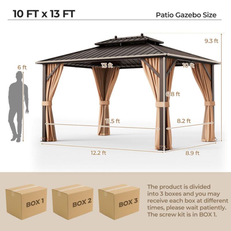 Hivvago 10x13ft Double-Roof Patio Hardtop Gazebo with Galvanized Steel Roof Netting and Curtains-Coffee