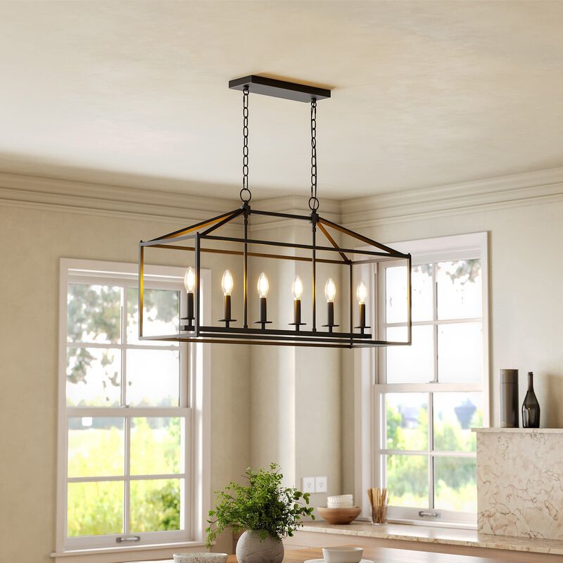 Six-Light Farmhouse Kitchen Island Chandelier, Black Candle Cage image number 3