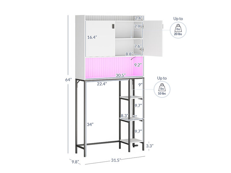 BELLEZE Over The Toilet Storage Cabinet with LED Light, Freestanding Above Toilet Rack with Adjustable Shelf, Bathroom Space Savers Anti-Tipping Device Included - Murano (White)