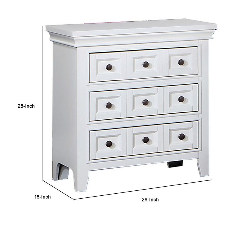 Cile 26 Inch Nightstand, 3 Panel Drawers, White Wood, Round Nickel Handles - Benzara
