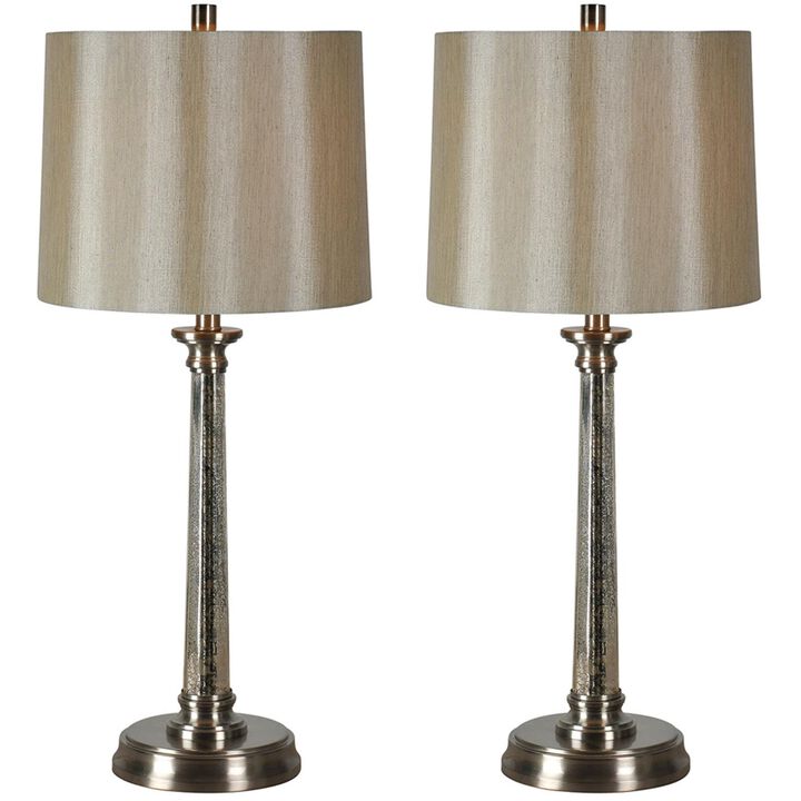 Set of 2 Glossy Glass Table Lamps with Champagne Drum Shades 30"