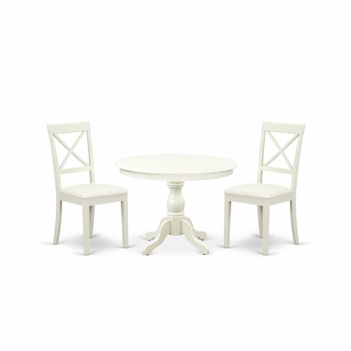 East West Furniture HBBO3-LWH-C 3 Piece Dining Room Set - Linen White Wood Table and 2 Linen White Faux Leather Dining Room Chairs with X-Back - Linen White Finish
