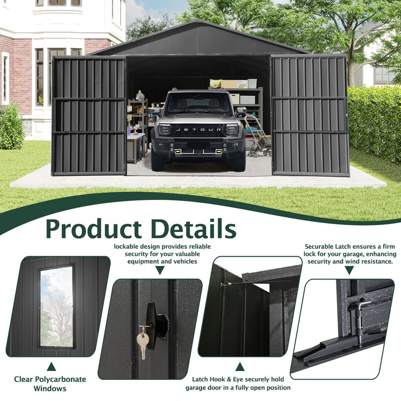 Mondawe 12x15FT Outdoor Metal Garage Shed, Extra Large Metal Carport with Lockable Double Hinged Doors image number 6