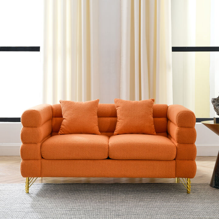 60Inch Oversized 2 Seater Sectional Sofa, Living Room Comfort Fabric Sectional Sofa Deep Seating Sectional Sofa, Soft Sitting with 2 Pillows for Living Room, Bedroom, Office, Orange teddy(W834S)