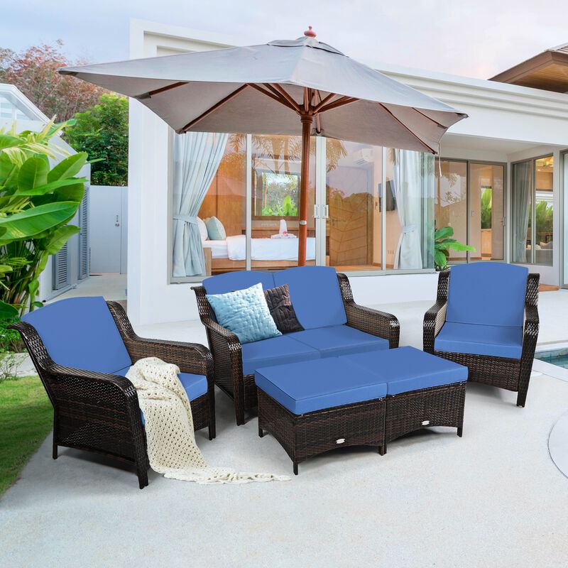 5-Piece Patio Rattan Sofa Set with Cushions and Ottoman, Comfortable Outdoor Seating