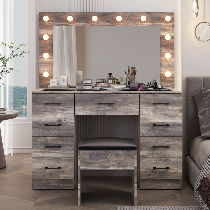 Vanity Desk Set with Large Lighted Mirror and Power Outlet – Modern Makeup Table with Storage and Charging Station