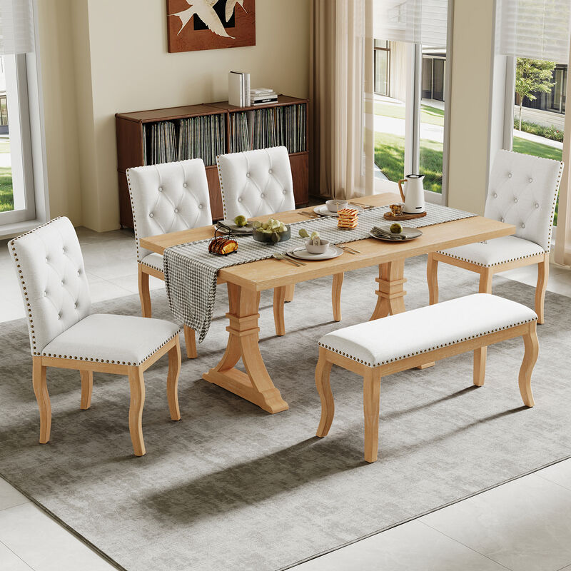 Whisen 6-Piece Dining Set with Bench, Farmhouse Natural Oak Table w/ 4 Upholstered Button Tufted Chairs, Solid Wood & MDF Kitchen Furniture image number 1