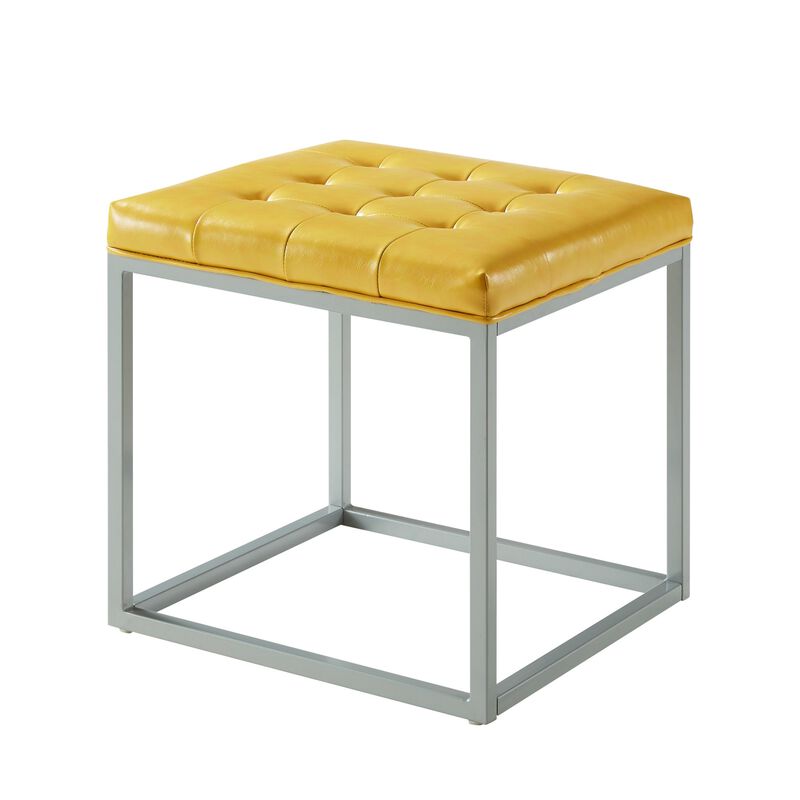 Homezia 18" Golden Yellow Faux Leather And Silver Cube Ottoman