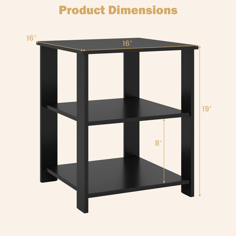 3-Tier Modern Nightstand Square Side Table with Open Storage Shelves image number 2