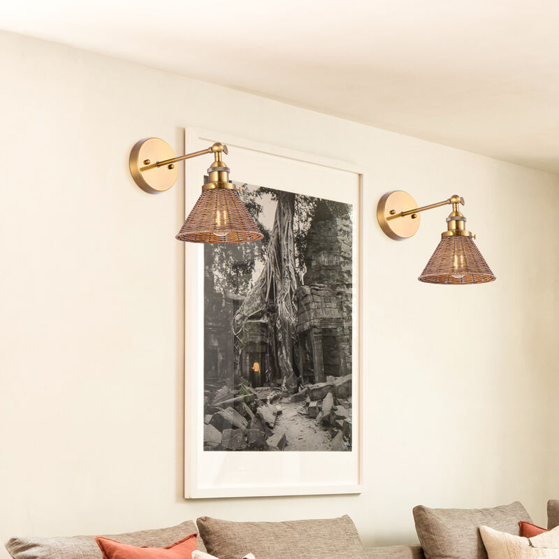 11.8" 1-Light Vintage Farmhouse Gold Rattan LED Wall Sconces with Adjustable Lamp Head