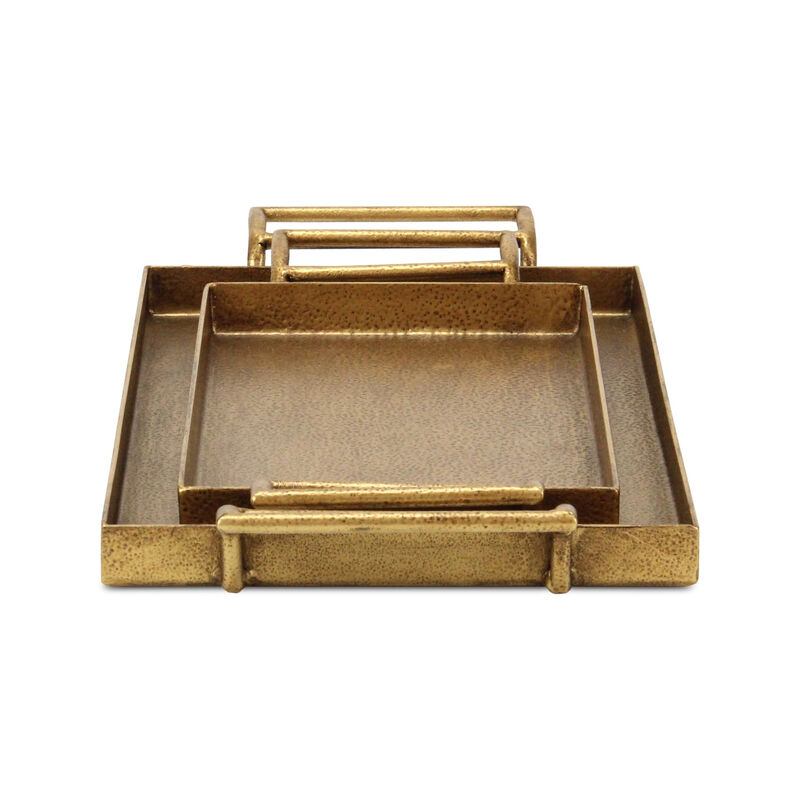 HomeRoots Set of Two Gold Cast Iron Handmade Vanity Trays With Handles image number 2