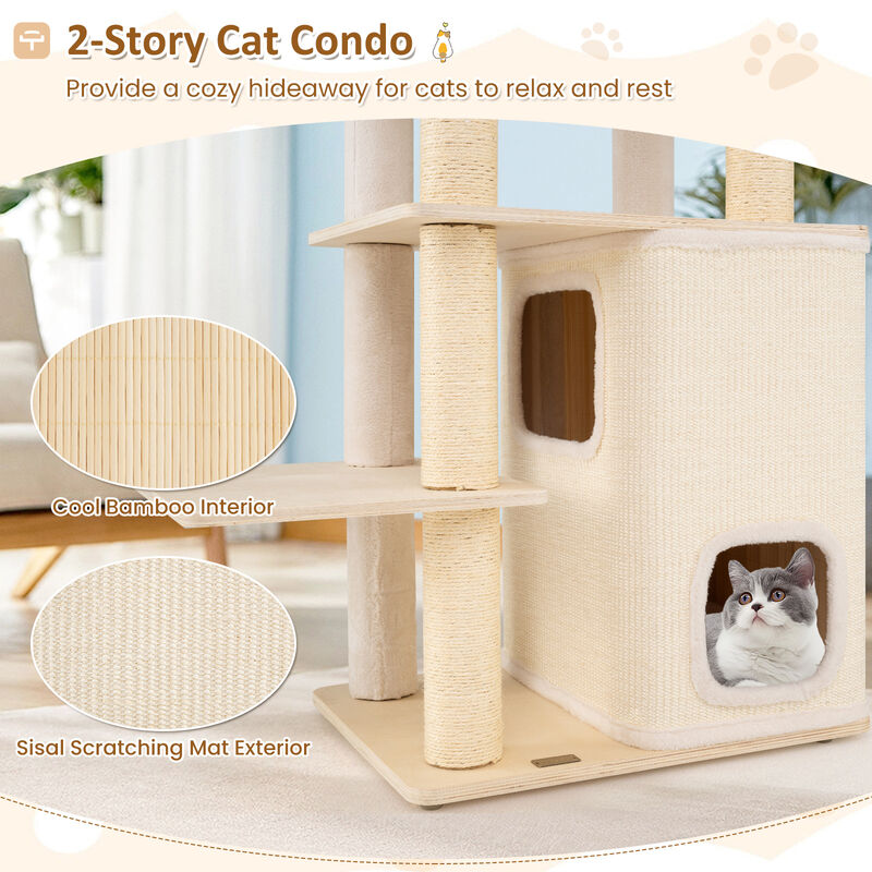 Wooden Cat Tree Tall Tower with 2 Story Condo and Plush Padded Top Perch-Natural image number 3