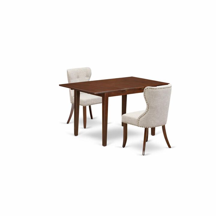 East West Furniture East-West Furniture PSSI3-MAH-35 - A dinette set of 2 fantastic parson chairs using Linen Fabric Doeskin color and an attractive 12 butterfly leaf rectangle kitchen table in Mahogany Finish