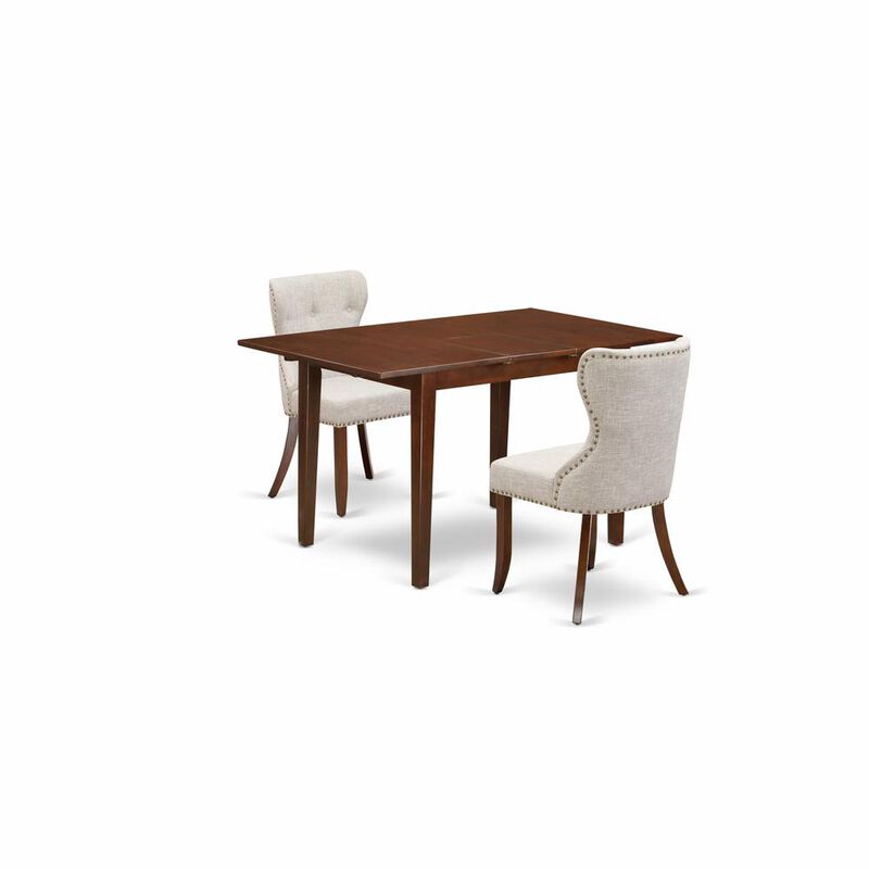 East West Furniture East-West Furniture PSSI3-MAH-35 - A dinette set of 2 fantastic parson chairs using Linen Fabric Doeskin color and an attractive 12 butterfly leaf rectangle kitchen table in Mahogany Finish