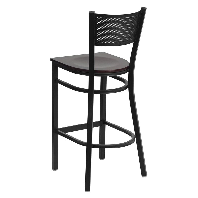 Flash Furniture HERCULES Series Black Grid Back Metal Restaurant Barstool - Mahogany Wood Seat