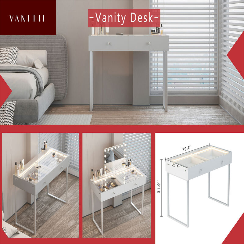 VANITII 2 Drawers Modern Makeup Vanity Desk Dressers With Glass