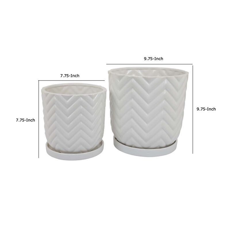 Camie Planter Set of 2, Saucers, Chevron Wave Patterns, White Ceramic