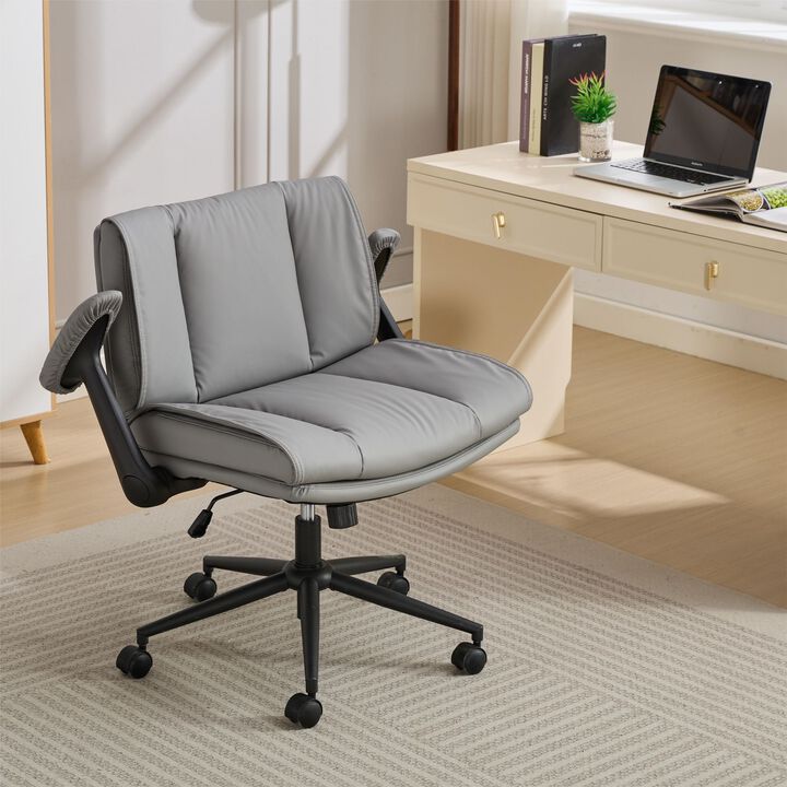 with Flip-Up Armrests Leather, Cross Legged Office Chair on Wheels