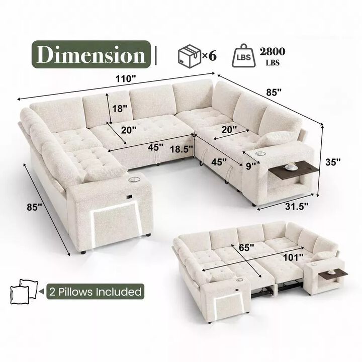 Vipbear 110" Modular Sectional Sleeper Sofa, 8-Seater Chenille U-Shaped Couch with Pull-Out Beds