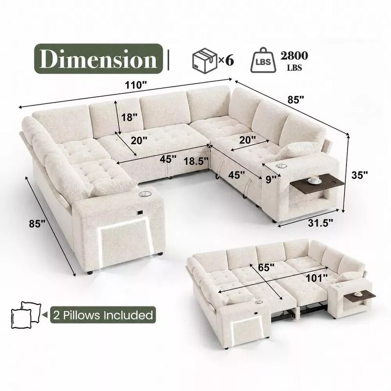 Vipbear 110" Modular Sectional Sleeper Sofa, 8-Seater Chenille U-Shaped Couch with Pull-Out Beds image number 1