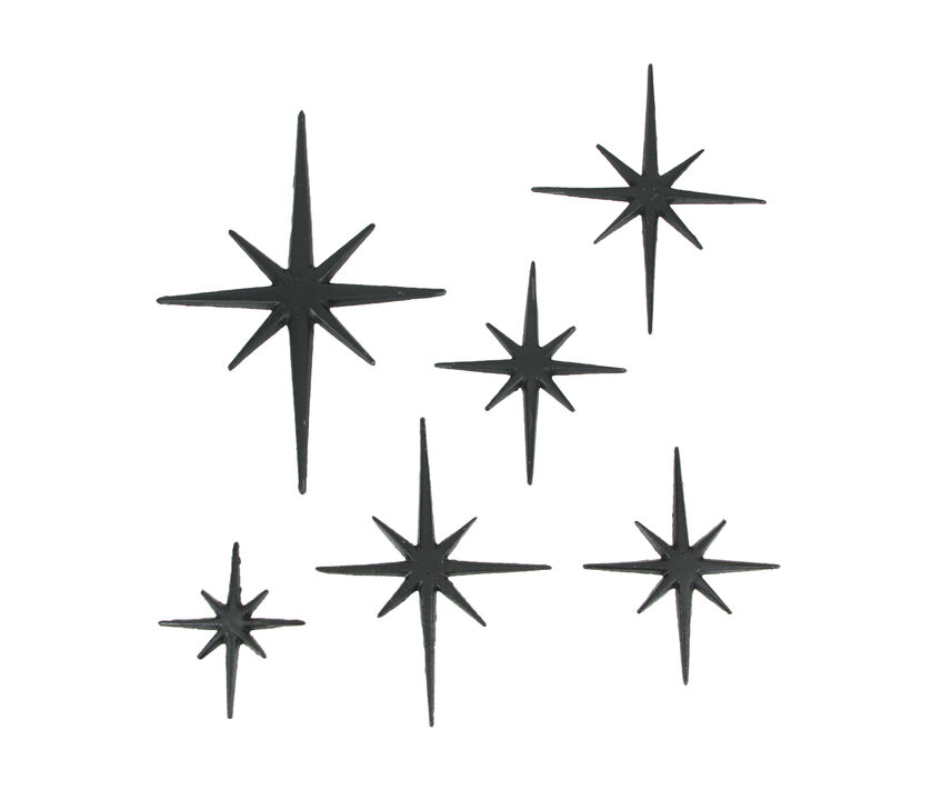 Set of 6 Black Cast Iron Starburst Wall Hangings Mid Century 8 Pointed Stars