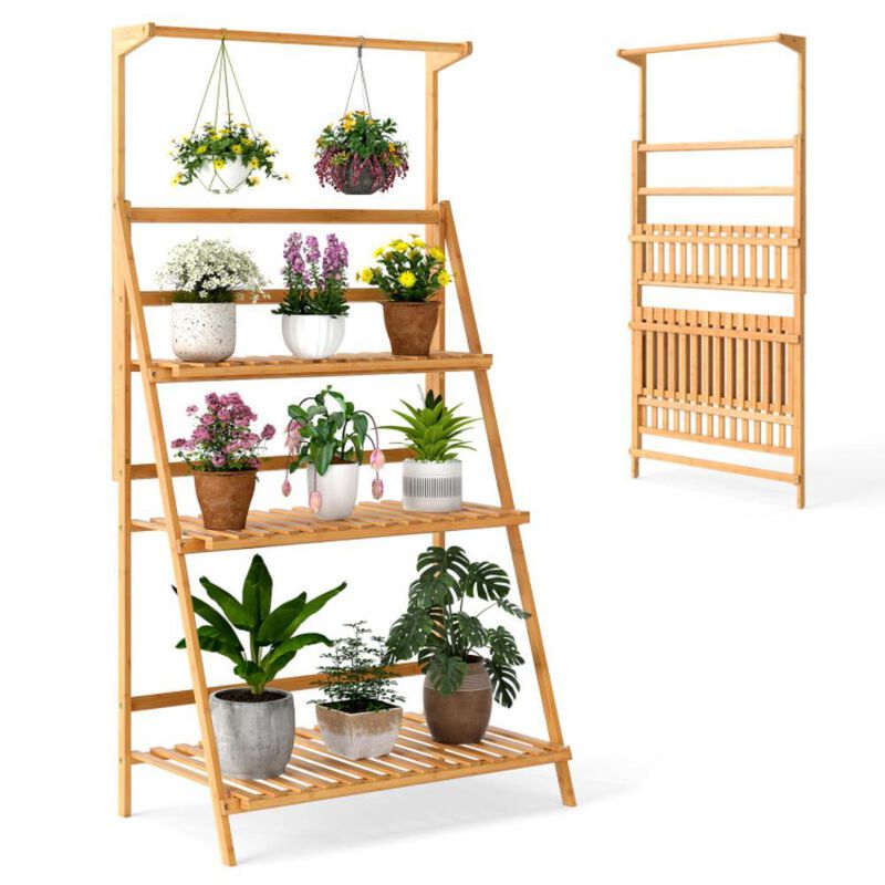 Hivvago 3 Tier Bamboo Hanging Plant Stand with Height Adjustable Hanger Rod