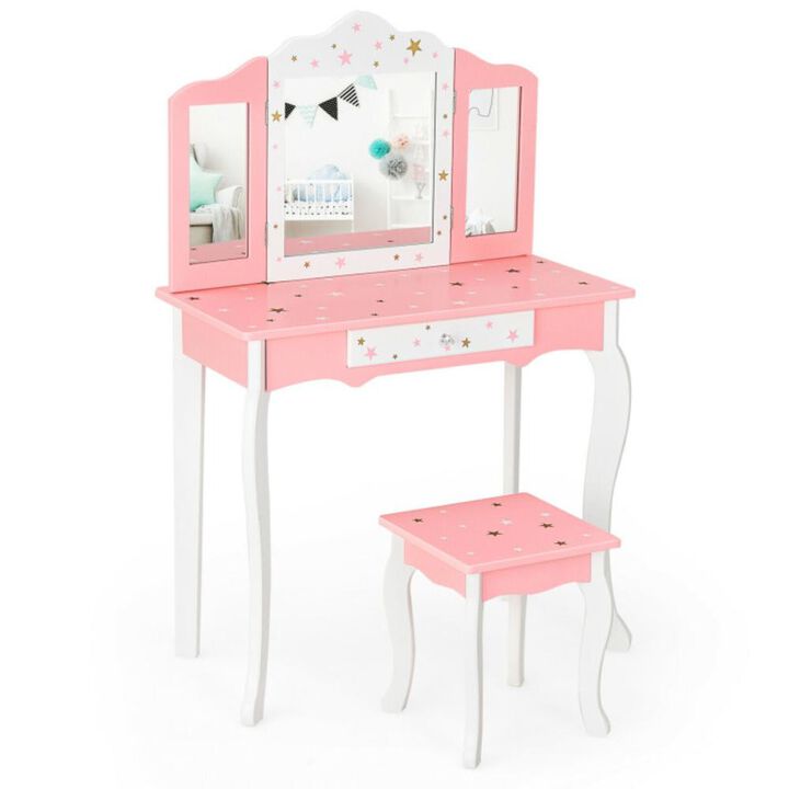 Hivvago Kids Princess Vanity Table and Stool Set with Tri-folding Mirror and Drawer