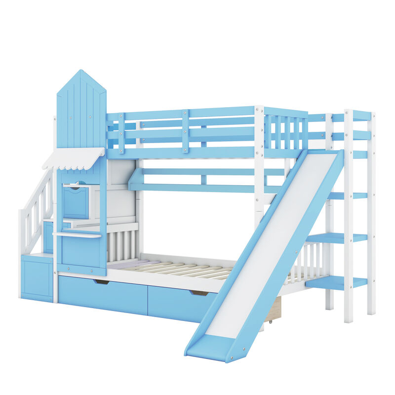 Twin Over Twin Castle Style Bunk Bed With 2 Drawers 3 Shelves And Slide