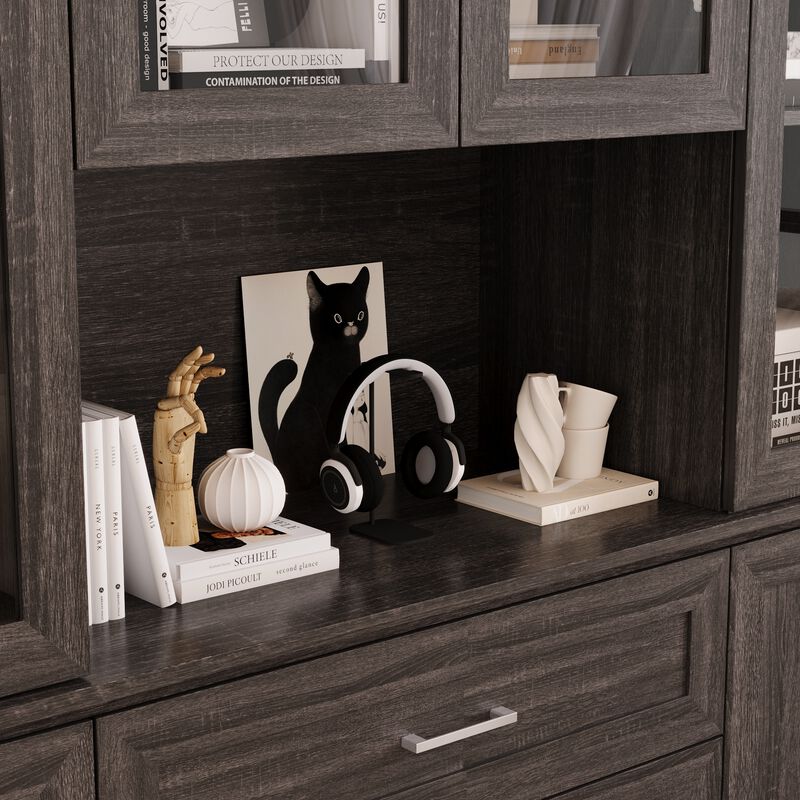 FUFU&GAGA Retro 8-Door Cabinet with a Drawer, Beveled Frame & Angled Panel Design, Glass & Wood Grain Finish, Brushed Metal Handles (60.6 in. W x 15.7 in. D x 79.9 in. H), Dark Brown