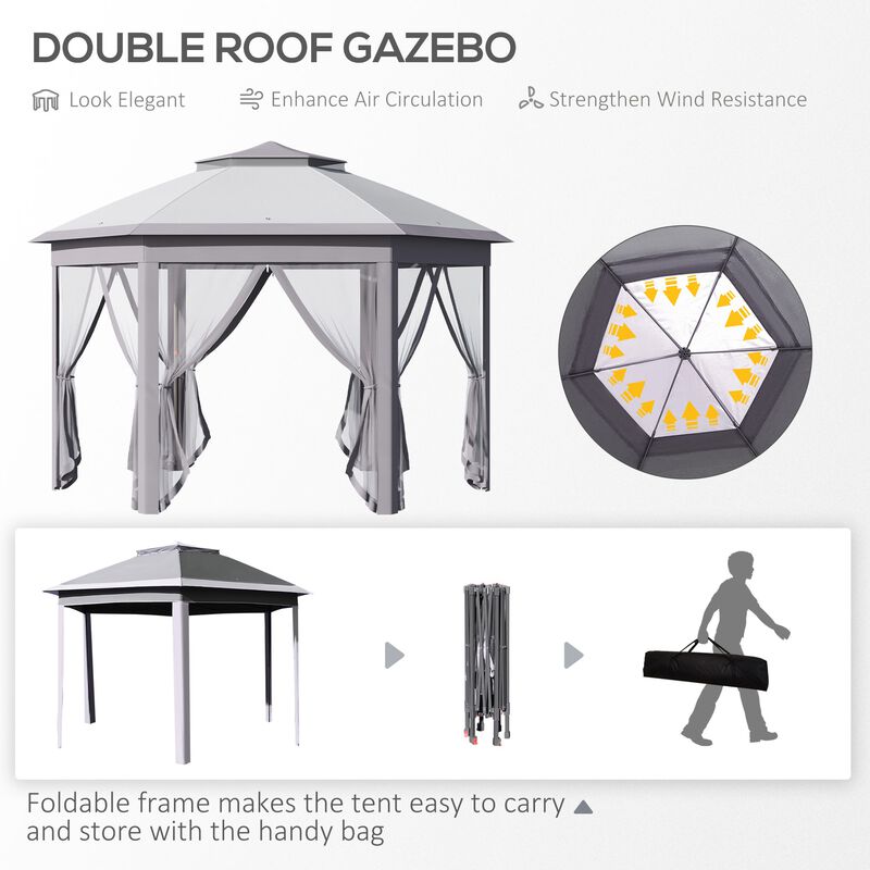 13'x11' Pop Up Gazebo, Double Roof Canopy Tent with Mesh Sidewalls, Height Adjustable and Carrying Bag, Event Tent for Patio Backyard, Grey