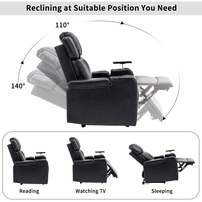Whisen PU Leather Power Recliner with Cup Holder, Bluetooth Speaker, LED Lights, USB Ports, Tray Table and Arm Storage