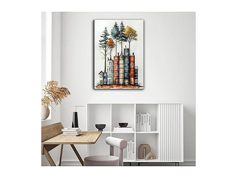 Framed Canvas Wall Art Reading Book Lover 12inx16in Colorful Stacked Houses Tree image number 3