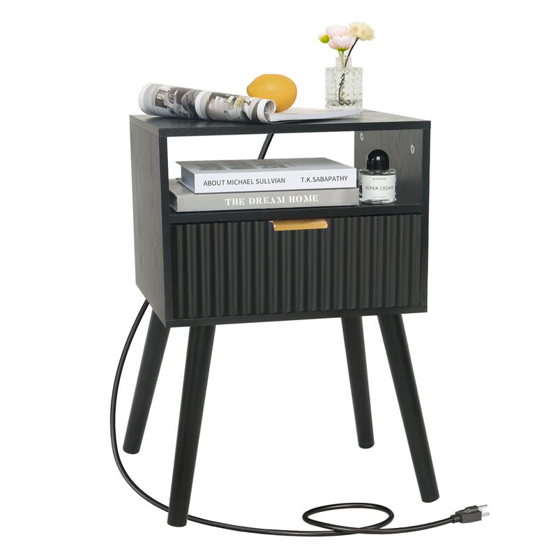 Fultyle Black Nightstand with Charging Station, Mid Cetury Modern Nightstand with Drawers, Fluted End Side Table Living Room for