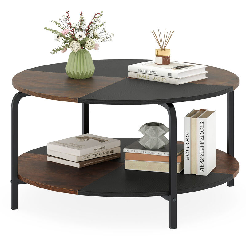 Rustic Brown Round Coffee Table, 2 Tier Metal Frame with Storage Shelf image number 3